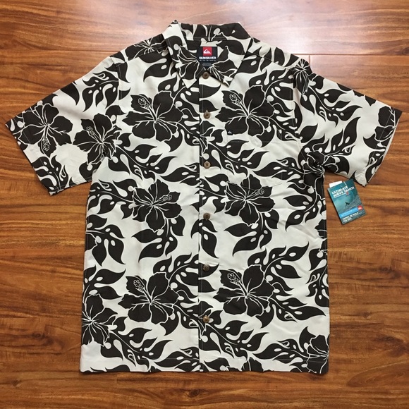 NWT Boys Quicksilver Brown Cream Hawaiian Floral Short Sleeve Button Shirt XL - Picture 1 of 15